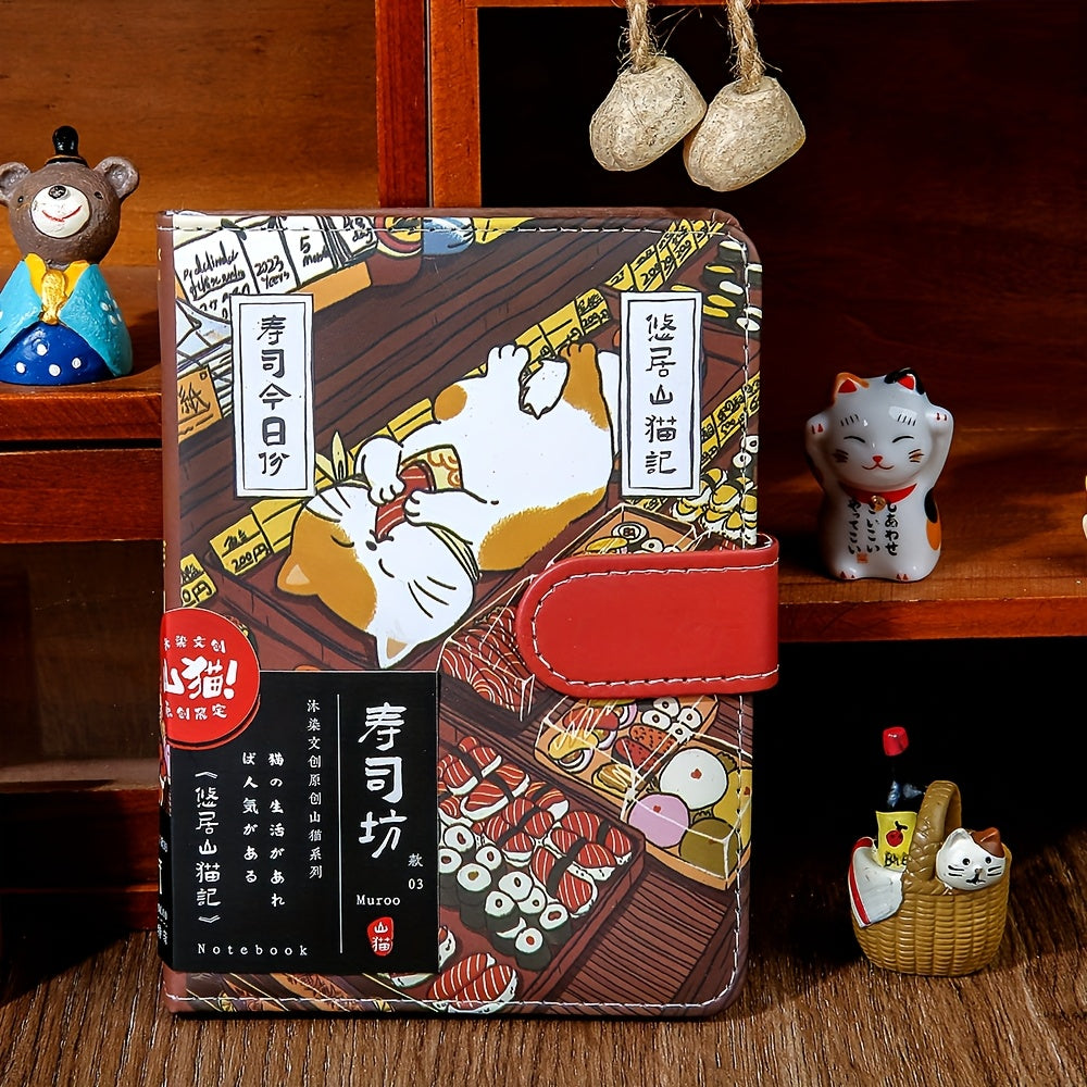 PU Magnetic Clasp Notebook with Color Pages, Youju Mountain Cat Journal, Premium Japanese Cat-Themed Notebook, Diary