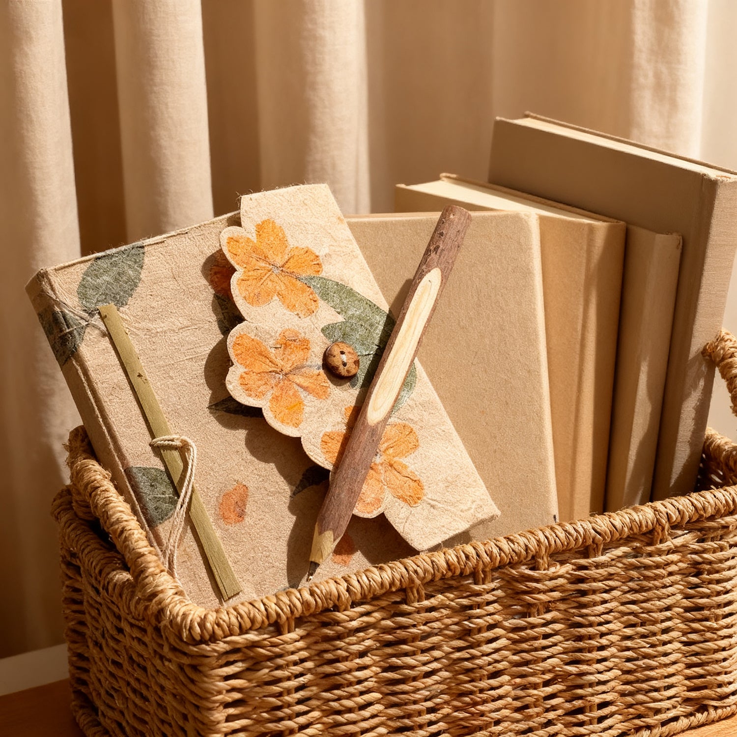 2pcs\u002FSet Nepalese Handmade Notebook, High-Value Niche Notebook with Natural Plant Texture, Comes with a Creative Natural Wood-Colored Twig Ballpoint Pen.