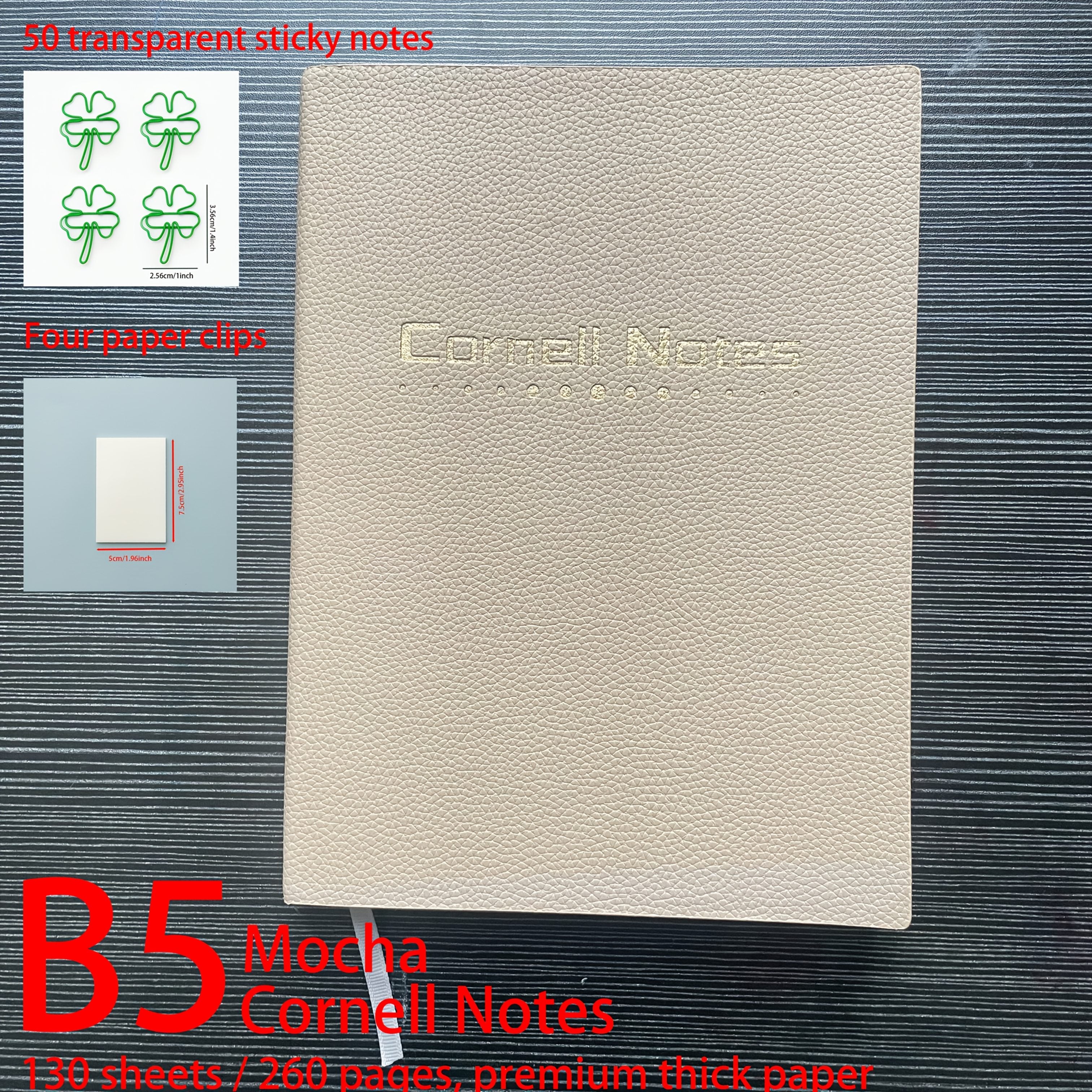 Cornell Notes B5 Study Record Notebook (Comes with 4 Four-Leaf Paper Clips And 50 Transparent Sticky Notes), Skin-Feel PU Leather Cover, 130 Sheets\u002F260 Pages Per Notebook, Thickened High-Quality Paper, Applicable to The 5R Learning Method to Improve