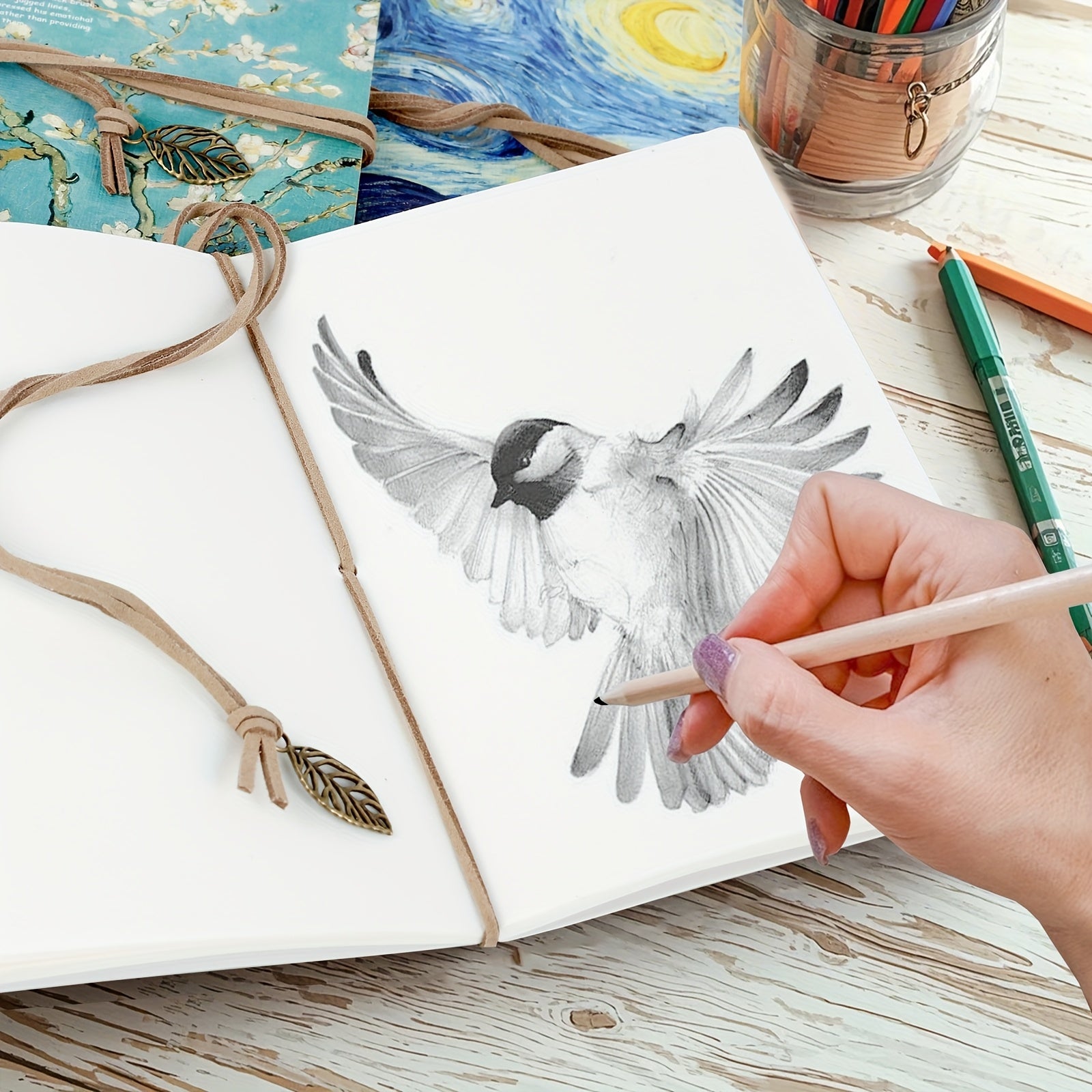 1pc A5 Van Gogh Oil Painting Sketchbook - 80-Page Portable Travel Notebook with Vintage Leaf Tag, Bandage Binding & Starry Night Design, Blank Pages for Drawing, Writing, Planning - Perfect Gift for Artists