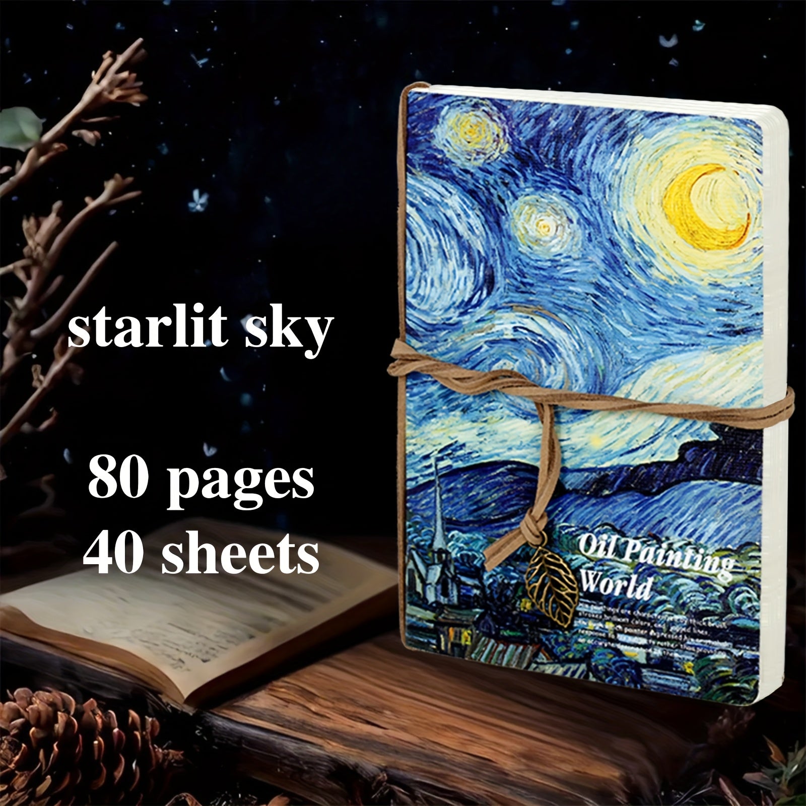 1pc A5 Van Gogh Oil Painting Sketchbook - 80-Page Portable Travel Notebook with Vintage Leaf Tag, Bandage Binding & Starry Night Design, Blank Pages for Drawing, Writing, Planning - Perfect Gift for Artists