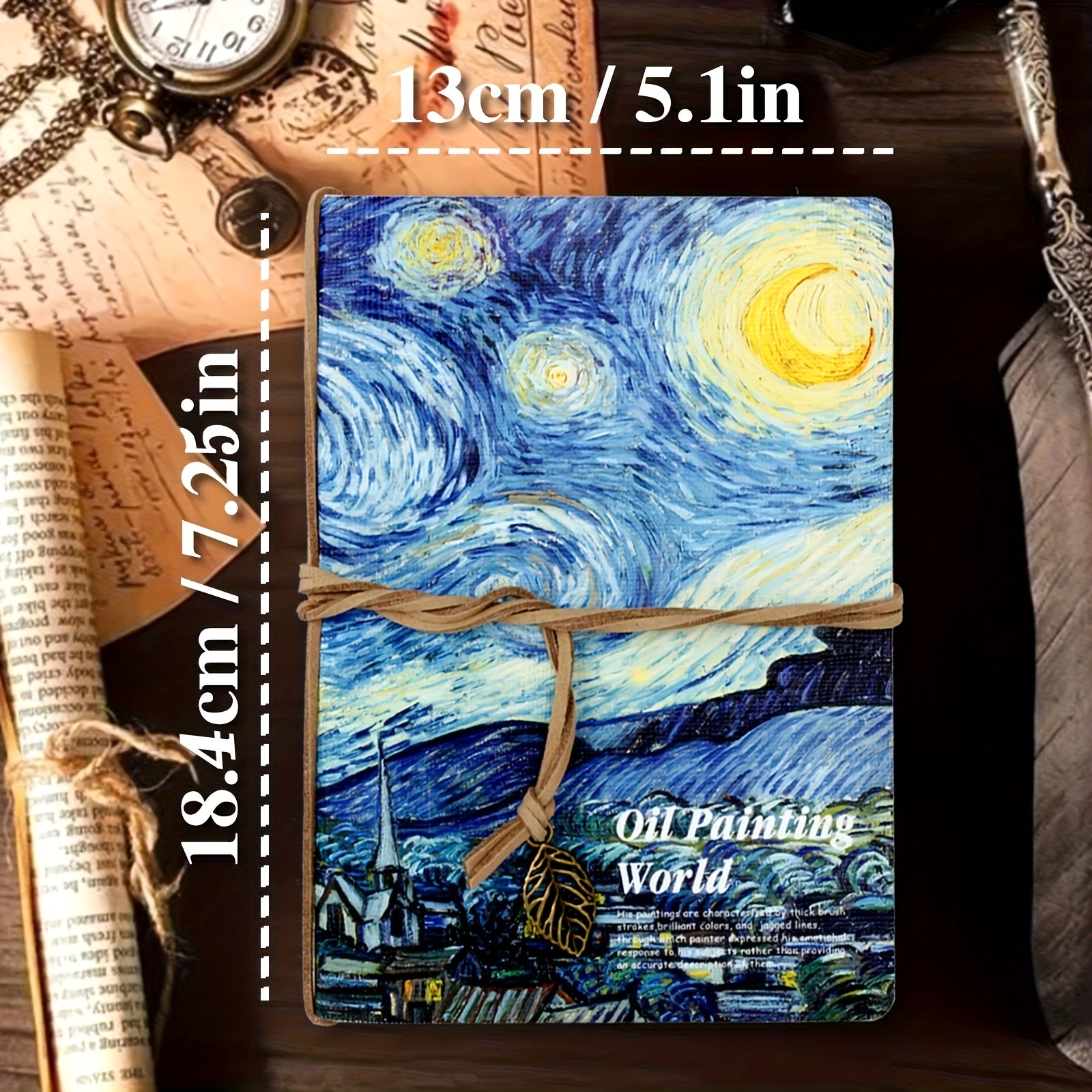 1pc A5 Van Gogh Oil Painting Sketchbook - 80-Page Portable Travel Notebook with Vintage Leaf Tag, Bandage Binding & Starry Night Design, Blank Pages for Drawing, Writing, Planning - Perfect Gift for Artists