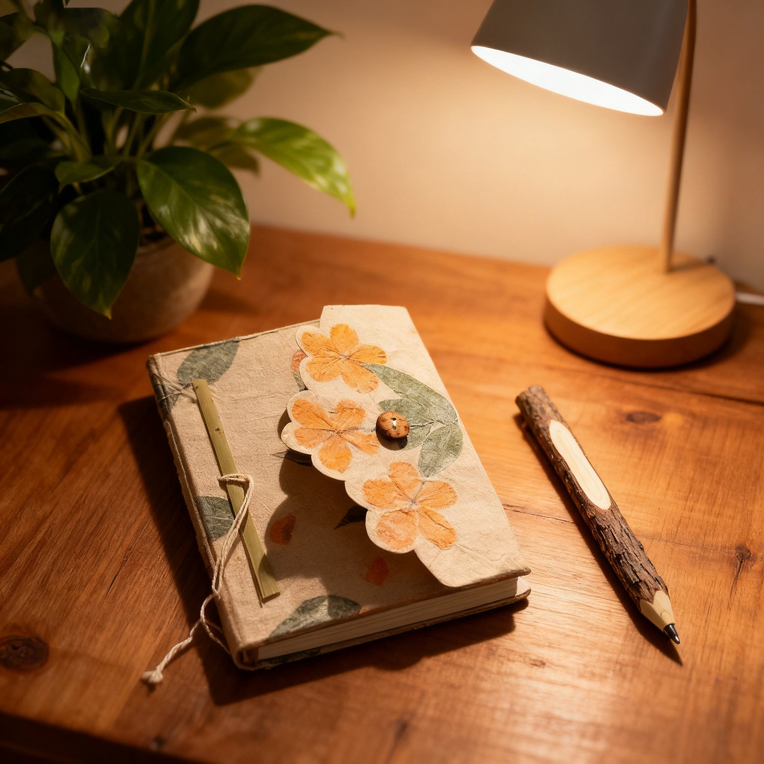 2pcs\u002FSet Nepalese Handmade Notebook, High-Value Niche Notebook with Natural Plant Texture, Comes with a Creative Natural Wood-Colored Twig Ballpoint Pen.