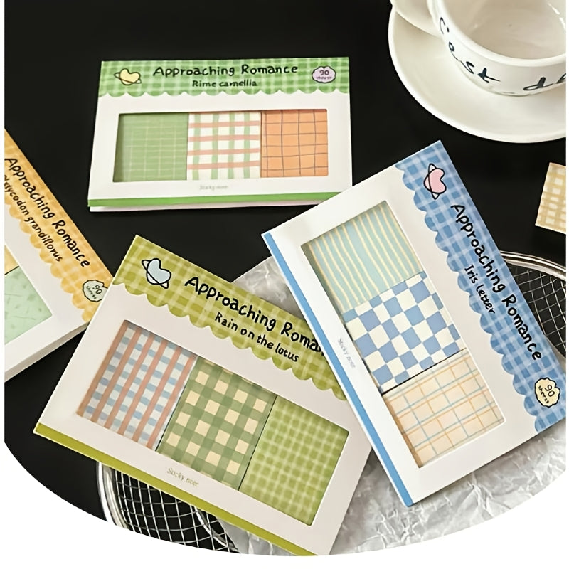 90 Ets New Plaid Combo Sticky Notes, Vintage Striped Plaid, Multiple Colors Available, Journal Decoration, Basic Material Paper, Notepad, Writing Paper Notepad, Message Notes, Notepad, Student Message Paper Set (Multiple Styles), Study Record Notes