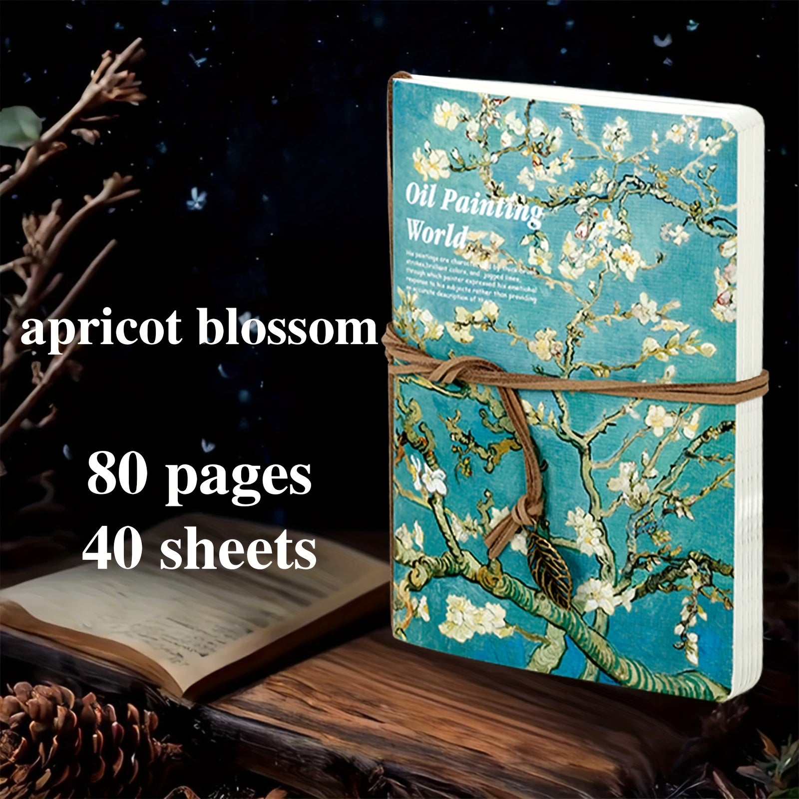 1pc A5 Van Gogh Oil Painting Sketchbook - 80-Page Portable Travel Notebook with Vintage Leaf Tag, Bandage Binding & Starry Night Design, Blank Pages for Drawing, Writing, Planning - Perfect Gift for Artists