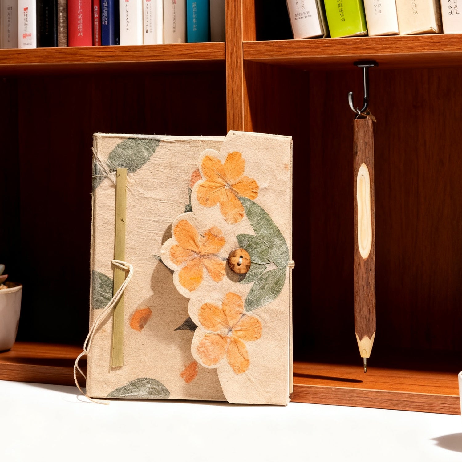 2pcs\u002FSet Nepalese Handmade Notebook, High-Value Niche Notebook with Natural Plant Texture, Comes with a Creative Natural Wood-Colored Twig Ballpoint Pen.