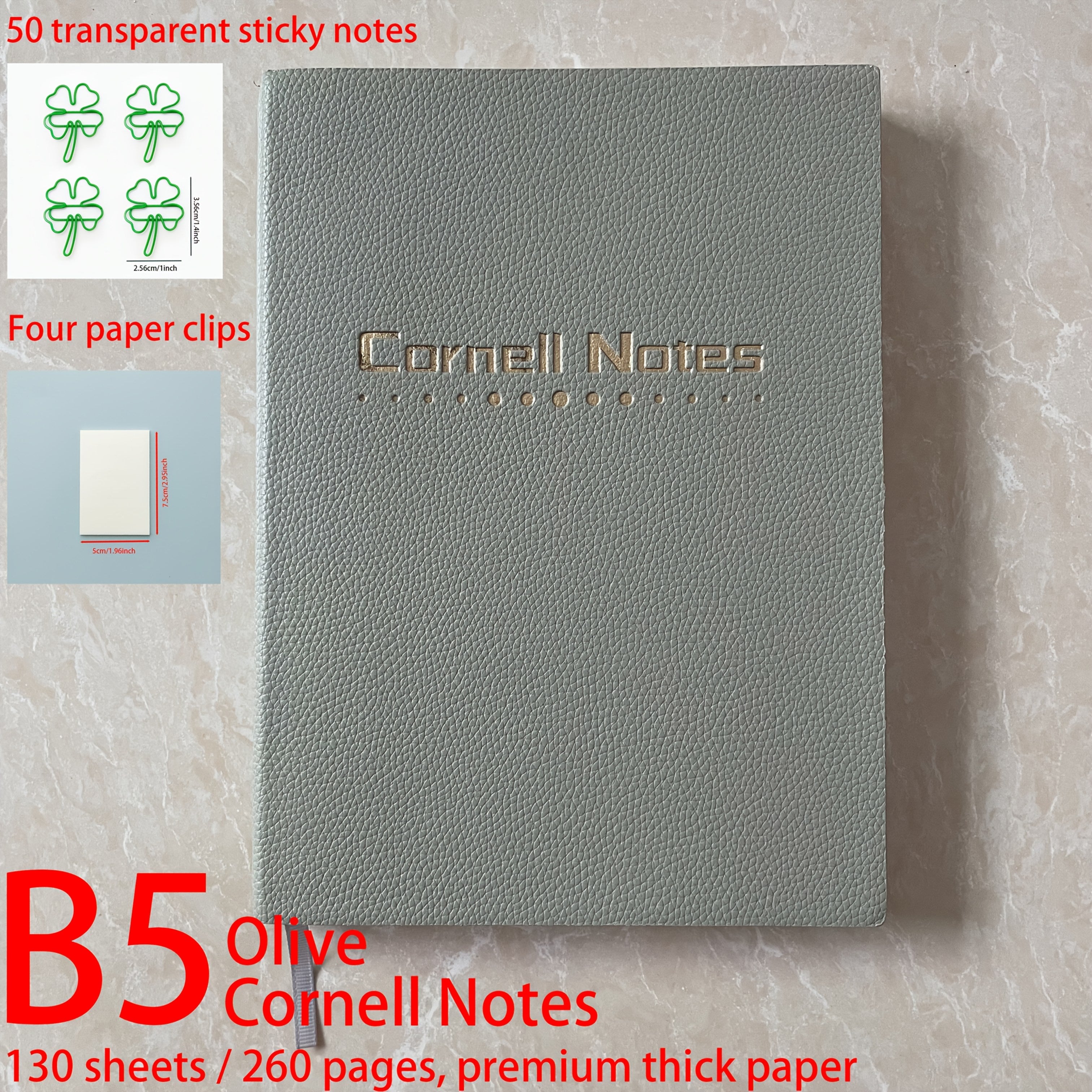 Cornell Notes B5 Study Record Notebook (Comes with 4 Four-Leaf Paper Clips And 50 Transparent Sticky Notes), Skin-Feel PU Leather Cover, 130 Sheets\u002F260 Pages Per Notebook, Thickened High-Quality Paper, Applicable to The 5R Learning Method to Improve