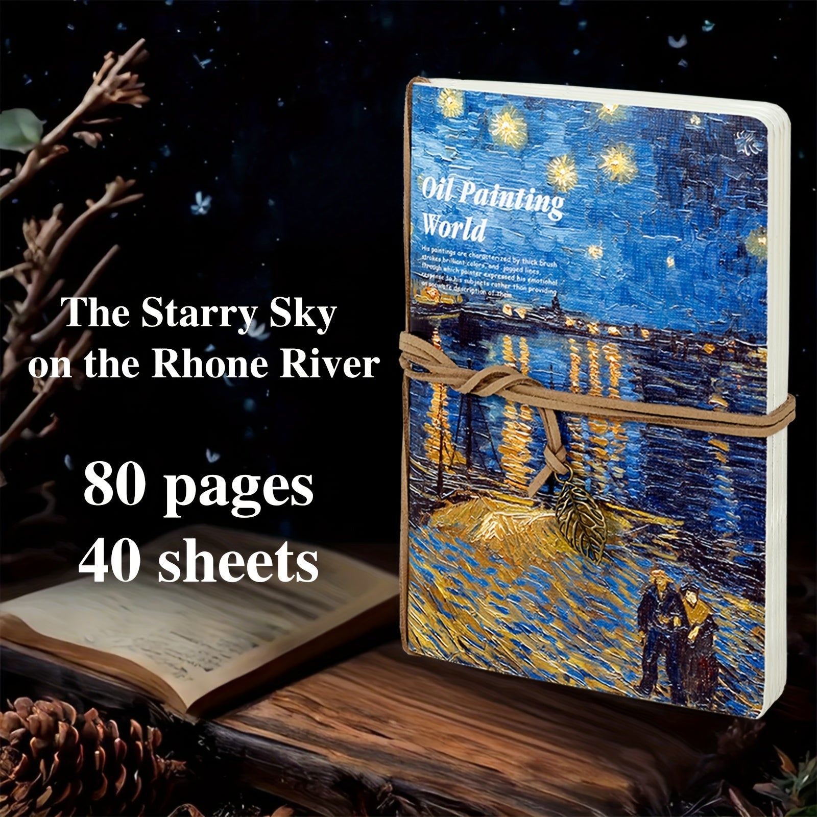 1pc A5 Van Gogh Oil Painting Sketchbook - 80-Page Portable Travel Notebook with Vintage Leaf Tag, Bandage Binding & Starry Night Design, Blank Pages for Drawing, Writing, Planning - Perfect Gift for Artists