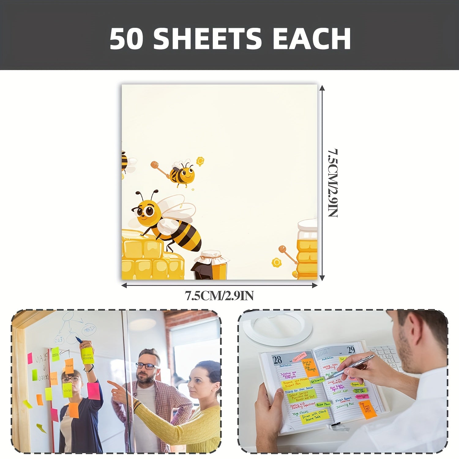 Adorable Sweet Bee Adorable 3x3 Inch Sweet Bee 1pc\u002F4pcs Sticky Note Set | Reusable Tearable Notes with Strong Adhesion for Journals, Planners, Offices, Schools and Homes, Bulk Cute Stationery Gifts