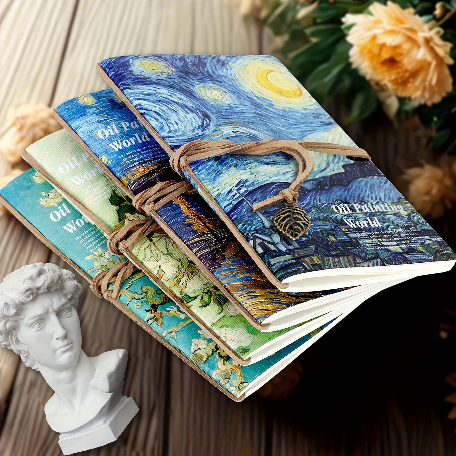 1pc A5 Van Gogh Oil Painting Sketchbook - 80-Page Portable Travel Notebook with Vintage Leaf Tag, Bandage Binding & Starry Night Design, Blank Pages for Drawing, Writing, Planning - Perfect Gift for Artists