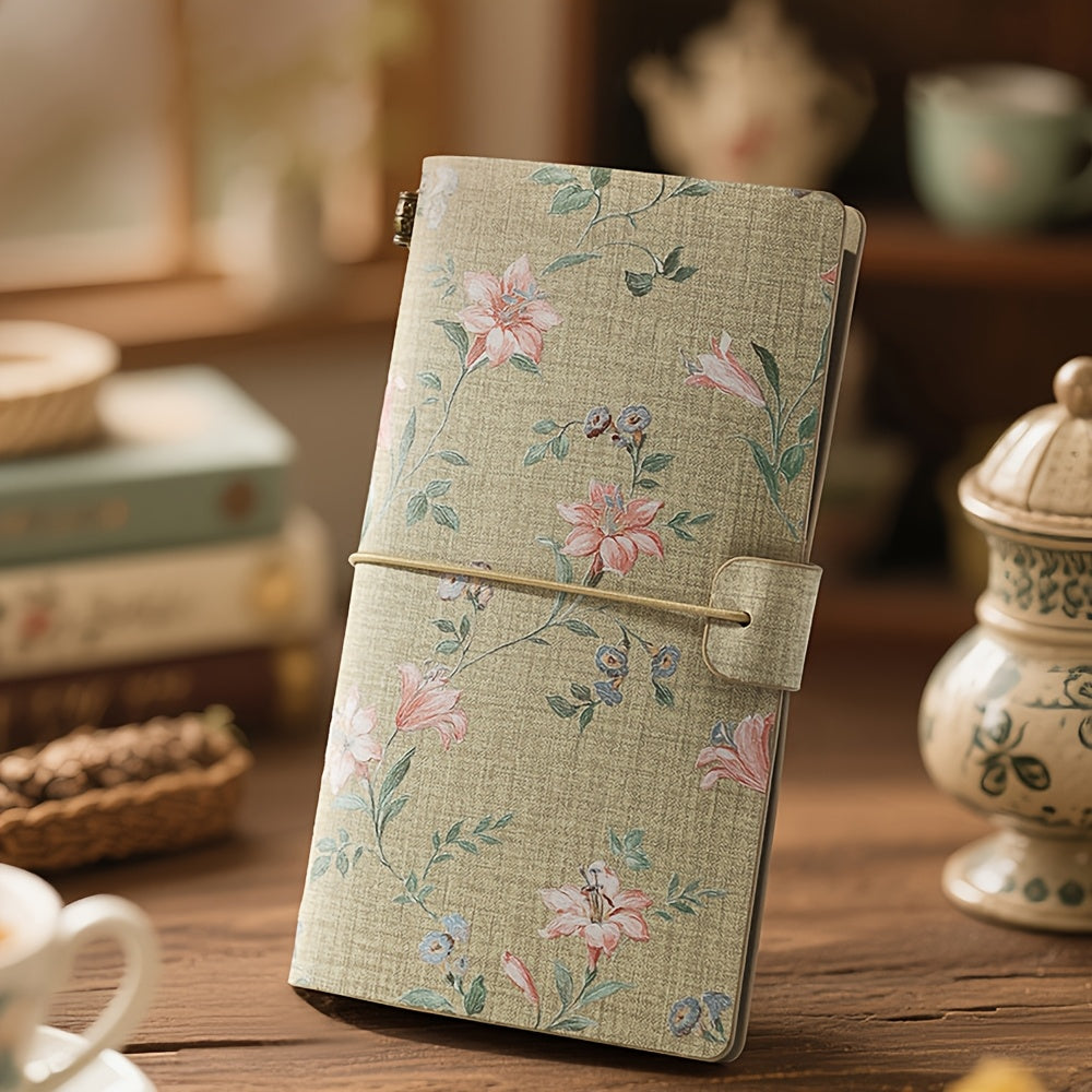 A6 Floral PU Notebook - Features a Vintage Strap Closure Design, Includes 96 Removable Pages, And Serves As a Portable Refillable Journal Ideal for Students, Writers, And Daily Planners, Making It a Stylish Organizer Gift.