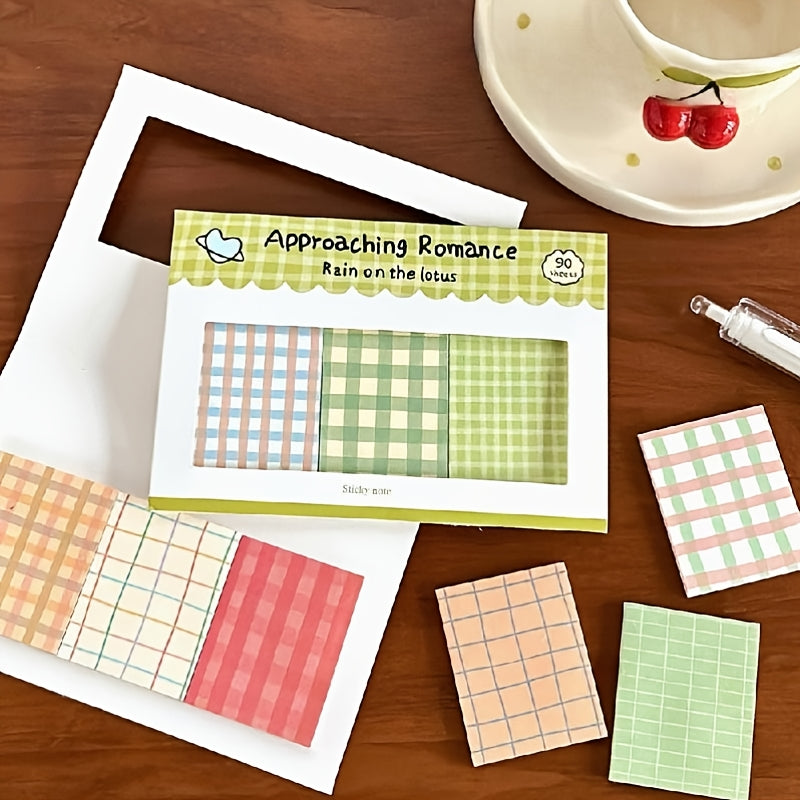 90 Ets New Plaid Combo Sticky Notes, Vintage Striped Plaid, Multiple Colors Available, Journal Decoration, Basic Material Paper, Notepad, Writing Paper Notepad, Message Notes, Notepad, Student Message Paper Set (Multiple Styles), Study Record Notes